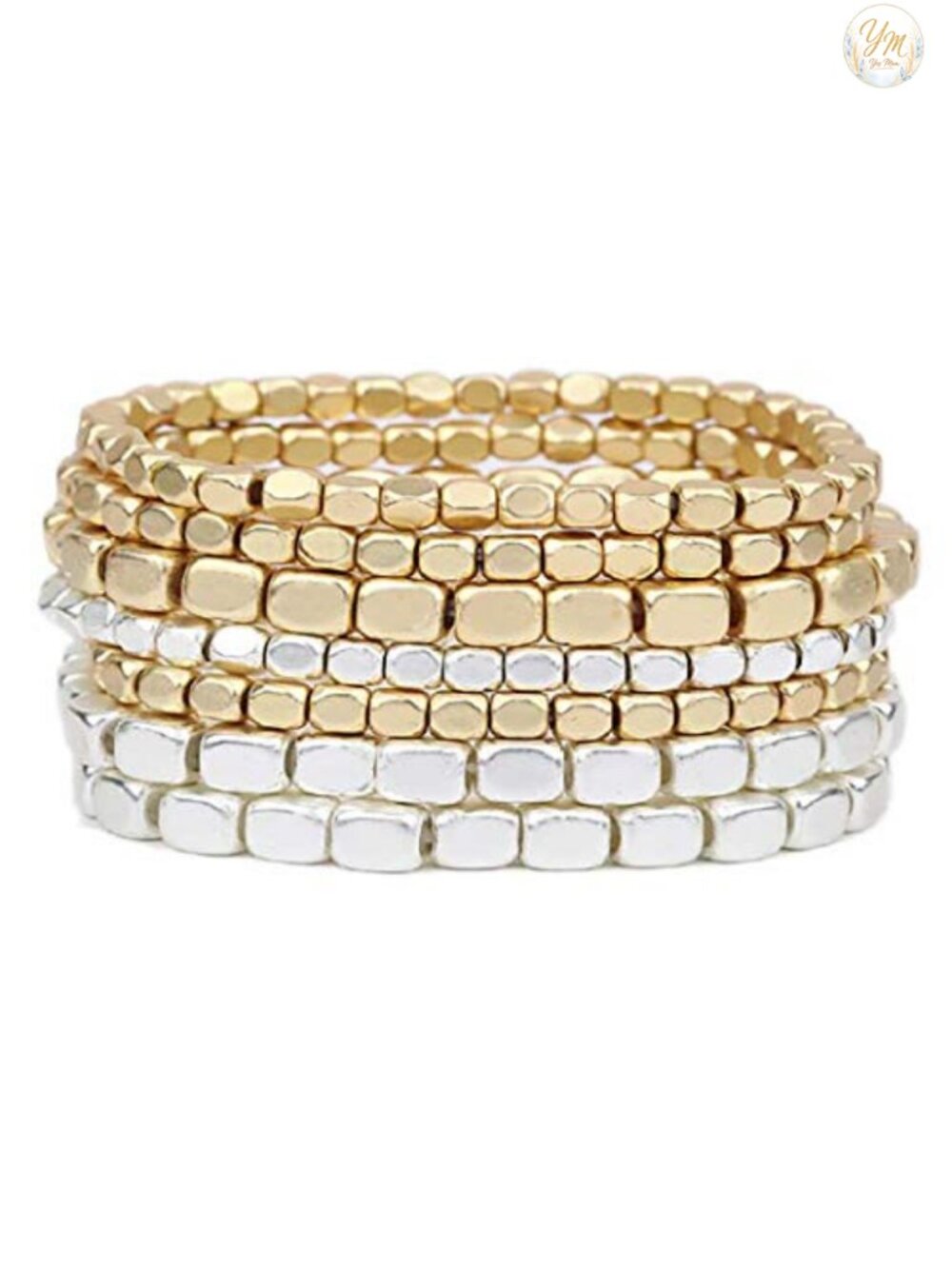 Chunky Multi-Strand Stretch Bead Bracelet Set of 7 - Silver & Gold Stack